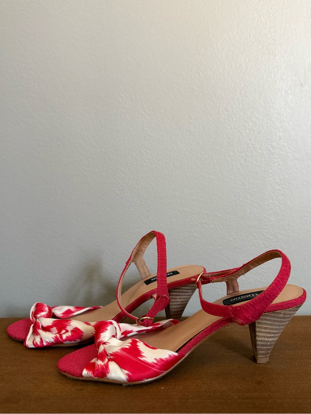 Theme Red Kitten Heels - Ikat Print and Front Bow-Accent - Ankle Strap Heels